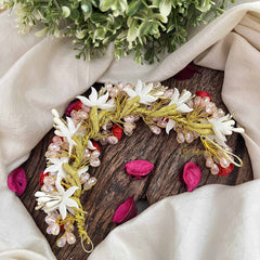 Vriksham Crystal beaded Red Rose Hair Gajra With Golden Touch Flower Accessories-H1202