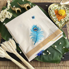 Vriksham Kasavu Cotton Saree Embroidered-Sky Blue Peacocok Feather-VS4337