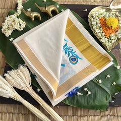 Vriksham Kasavu Cotton Saree Embroidered-Sky Blue Peacocok Feather-VS4337