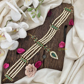 Vriksham Royal Green & Pearl Matha Patti with Kundan Jadau Drop Double Side Maang Tikka-J3474