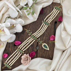 Vriksham Royal Green & Pearl Matha Patti with Kundan Jadau Drop Double Side Maang Tikka-J3474