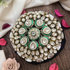 Vriksham Designer Green Coted Pear Crystal Design Gold Tone Hair Bun Cage Accessory-H1225