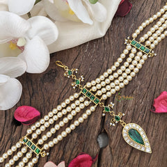 Vriksham Royal Green & Pearl Matha Patti with Kundan Jadau Drop Double Side Maang Tikka-J3474