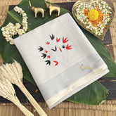 Silver Color Kasavu Tissue Cotton Saree Embroidered-VS3464