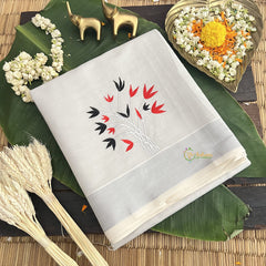 Silver Color Kasavu Tissue Cotton Saree Embroidered-VS3464