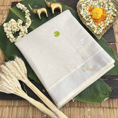 Silver Color Kasavu Tissue Cotton Saree Embroidered-VS3465