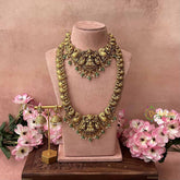 Vriksham Royal Peacock Father With Lotus Lakshmi Bridal Set-Green Bead & Pearls-G21055