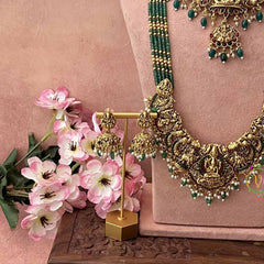 Vriksham Elegant Peacock Nakshi With Lakshmi Pendant Pearls Detailing Bridal Set-G21079