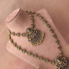 Vriksham Elegant Lakshmi Idol With Lakshmi Pendant Bridal Set-Red Green-Gold Bead-G21059