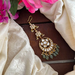 Premium White Jadau Kundan Maang Tikka-Aqua Green Bead-Pearl-J2337