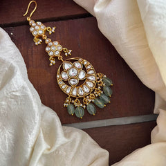 Premium White Jadau Kundan Maang Tikka-Aqua Green Bead-Pearl-J2337