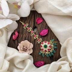 Vriksham Floral Round Kundan Jadau Maang Tikka-Green Bead-J3479