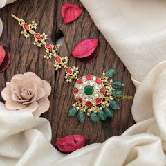 Vriksham Floral Round Kundan Jadau Maang Tikka-Green Bead-J3479