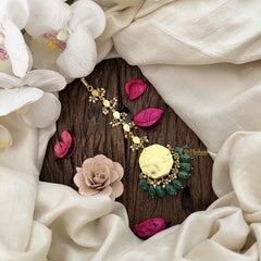 Vriksham Floral Round Kundan Jadau Maang Tikka-Green Bead-J3479