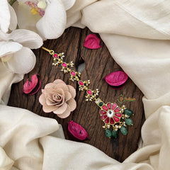 Vriksham Elegant Pink & Green Kundan Jadau Maang Tikka-Green Bead-J3477