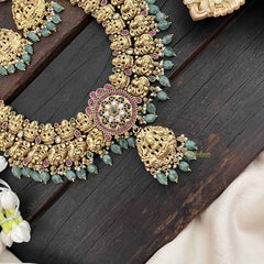 Vriksham Classic Peacock & Lakshmi Pendant Long Neck[piece-Red White & Green-Green Bead-G21087