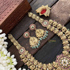 Vriksham Classic Peacock & Lakshmi Pendant Long Neck[piece-Red White & Green-Green Bead-G21087