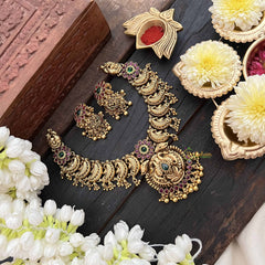 Vriksham Dual Peacock Pendant & Floral Short Neckpiece-Green & Gold Bead-G21064