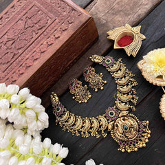 Vriksham Dual Peacock Pendant & Floral Short Neckpiece-Green & Gold Bead-G21064