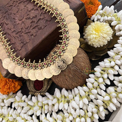 Vriksham Designer Lakshmi Coin Red Kundan Leaf Style 1 gm Gold Neckpiece-G20298