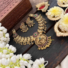 Vriksham Dual Peacock Pendant & Floral Short Neckpiece-Green & Gold Bead-G21064