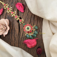 Vriksham Traditional Round Colorful Stone Drops Kundan Jadau Maang Tikka-Green Bead-J3483