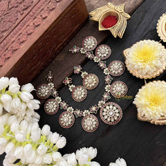 Vriksham Gold Plated AD Floral Coin Short Neckpiece-Red White & Green-G21066