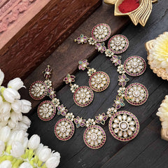 Vriksham Gold Plated AD Floral Coin Short Neckpiece-Red White & Green-G21066