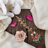 Vriksham Chandbali Kundan Jadau Maang Tikka-Green Bead-J3482