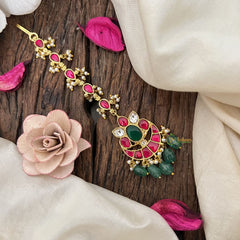 Vriksham Chandbali Kundan Jadau Maang Tikka-Green Bead-J3482