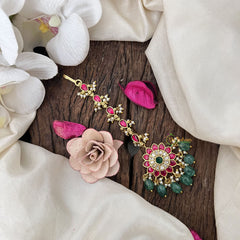 Vriksham Designer Lotus Kundan Jadau Maang Tikka-Green Bead-J3476