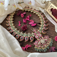 Precious Red Green Kundan Jadau Long Manga Haram-Aqua Green Bead-J2397