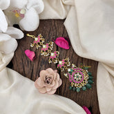 Vriksham Dual Peacock & Floral Round Kundan Jadau Maang Tikka-Green Bead-J3485