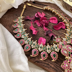 Precious Red Green Kundan Jadau Manga Haram-Aqua Green Bead-J2398