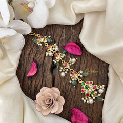 Vriksham Trio Shape Design Pearl Kundan Jadau Maang Tikka-Green Bead-J3488