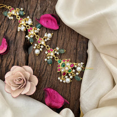 Vriksham Trio Shape Design Pearl Kundan Jadau Maang Tikka-Green Bead-J3488