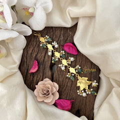 Vriksham Trio Shape Design Pearl Kundan Jadau Maang Tikka-Green Bead-J3488