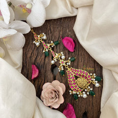 Vriksham Elegant Lakshmi With Peacock Feather Pearl Kundan Jadau Maang Tikka-Green Bead-J3490