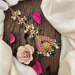 Vriksham Elegant Lakshmi With Peacock Feather Pearl Kundan Jadau Maang Tikka-Green Bead-J3490