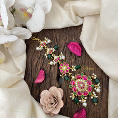 Vriksham Festive Kundan With Ruby Pear Shapes Kundan Jadau Maang Tikka-Green Bead-J3486