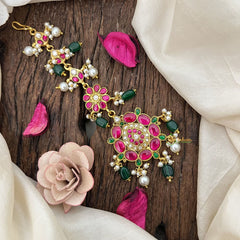 Vriksham Festive Kundan With Ruby Pear Shapes Kundan Jadau Maang Tikka-Green Bead-J3486