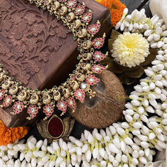 Vriksham Antique Peacock Red Green & White Stone 1 gm gold Neckpiece-G20308