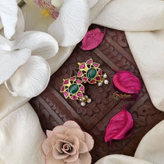 Vriksham Antique Petal Oval Kundan Jadau Press Bugadi-Red Green-Pearl-J3497