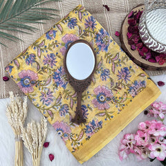 Vriksham Light Yellow Floral Print Maheshwari Cotton Silk Saree-Handloom-VS4932