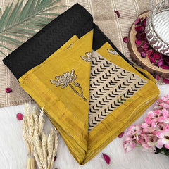 Vriksham Black With Mustered Yellow Maheshwari Cotton Silk Saree-Handloom-VS4931