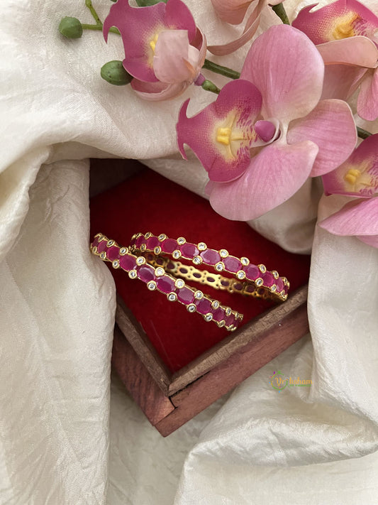 Premium Gold Look Alike AD Stone Bangle Set - Red White  Bridal Bangle  - G11954