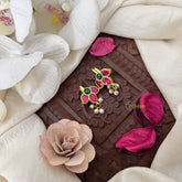 Vriksham Elegant Three Leaf Kundan Jadau Press Bugadi-Red Green-Pearl-J3501