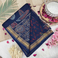 Vriksham Navy Blue & Leaf Design Maheshwari Silk Cotton Saree-Handloom Maheshwari Saree-VS4946