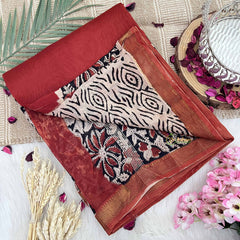 Vriksham Radish Red & Black Floral Maheshwari Silk Cotton Saree-Handloom Maheshwari Saree-VS4939
