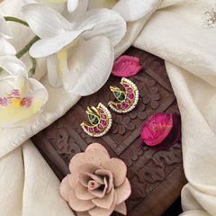 Vriksham Half Moon & Diya With Pearl Kundan Jadau Press Bugadi-Red Green-J3528